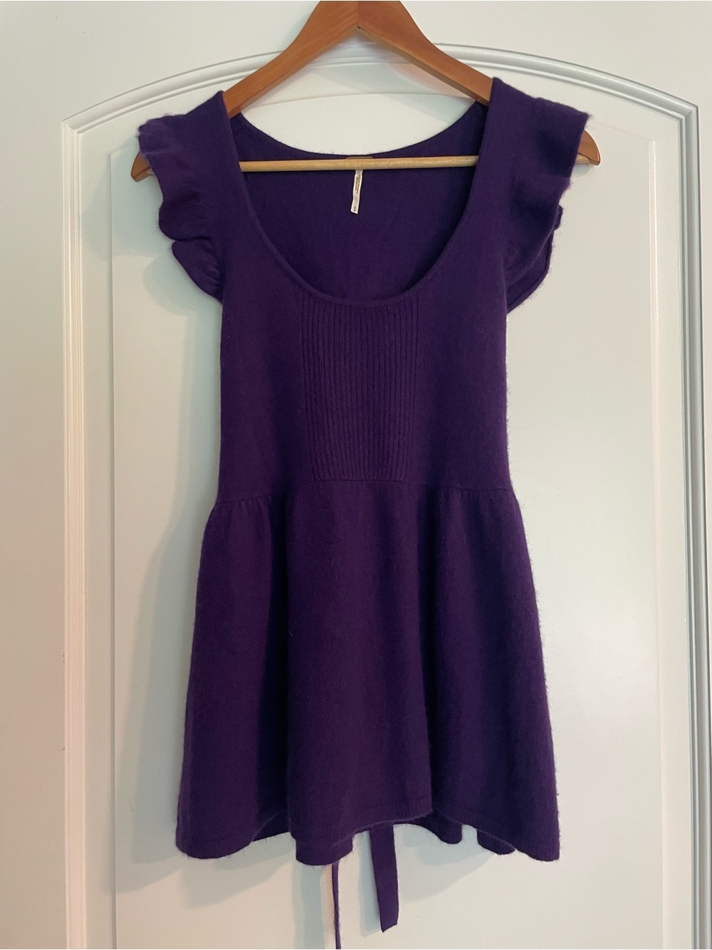 Free People Purple Wool Blend Knit Top Ruffle Tie Back Solid Short Stretch S
